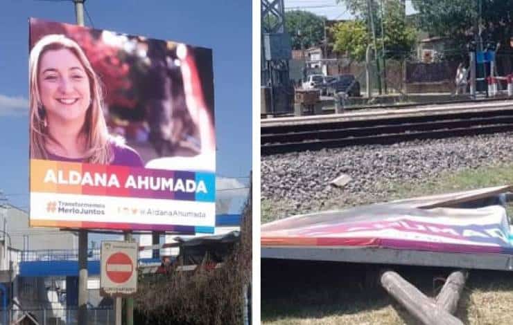 El cartel de Aldana Ahumada (izq.) quedó tirado al costado de las vías.